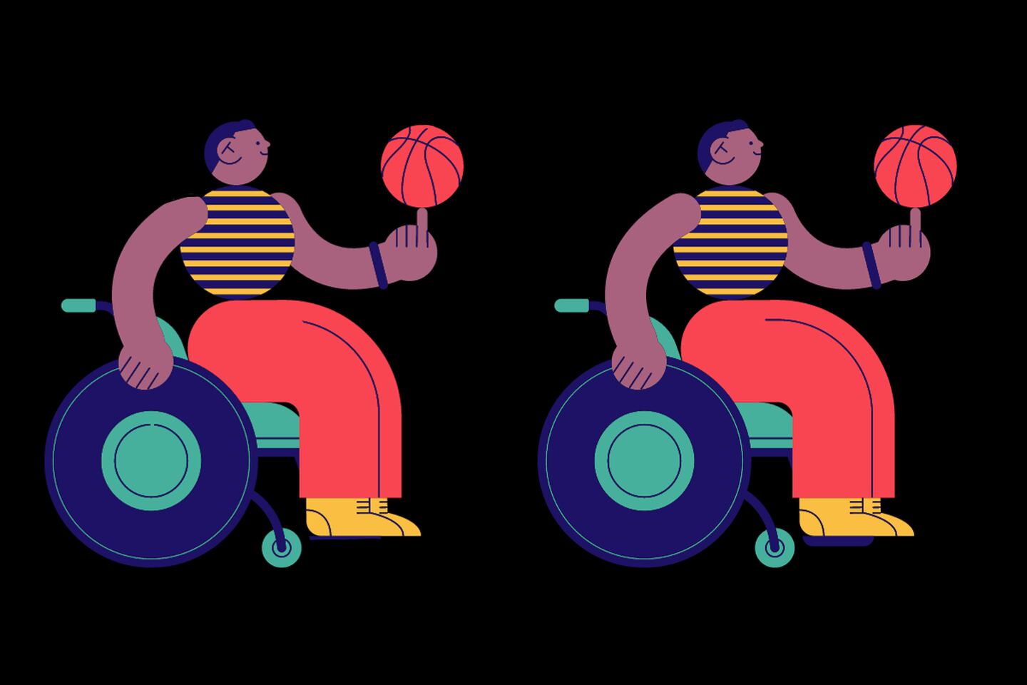 Dos ilustraciones de basquetbolistas en sillas de ruedas.