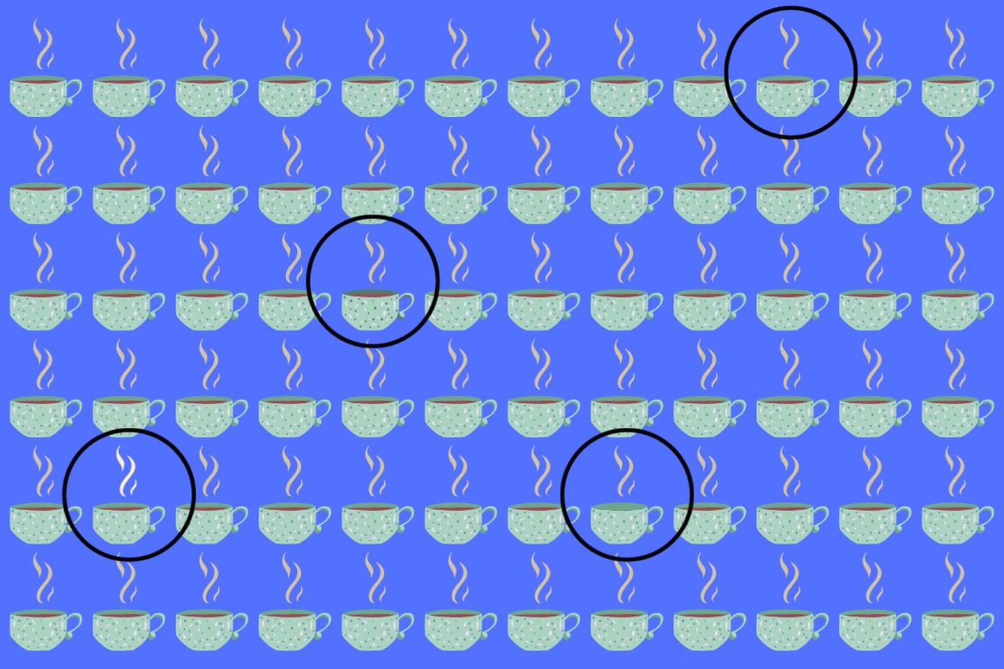 En este test visual hay muchas tazas pero cuatro de ellas son diferentes al resto.