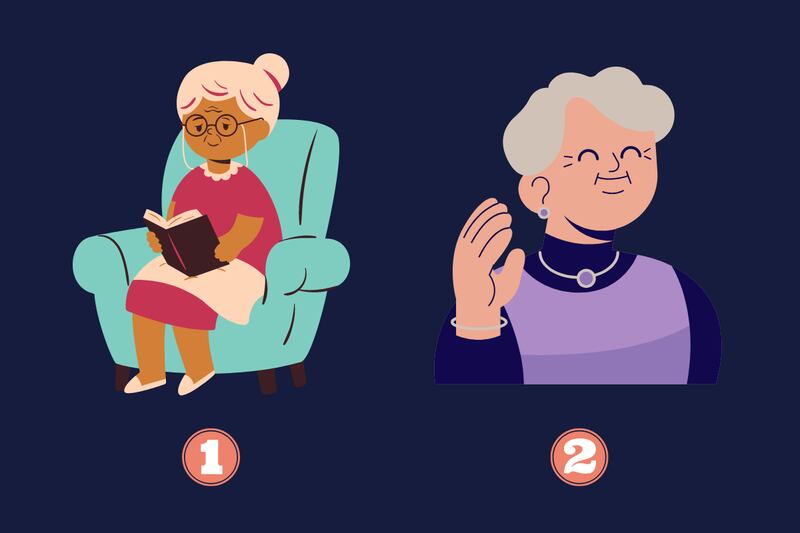 En este test de personalidad hay dos opciones: una anciana sentada leyendo un libro, y otra mirando con cara feliz y levantando la mano.