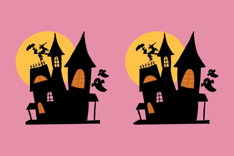 En esta imagen se ven dos casas decoradas de halloween, y aunque parecen iguales, hay 5 diferencias entre ellas.