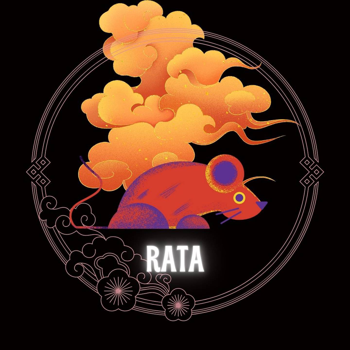 Caricatura de una rata sobre un fondo negro, con motivos decorativos orientales dorados con forma de nube y círculo, que enmarcan el signo. Abajo del dibujo aparece la palabra rata.