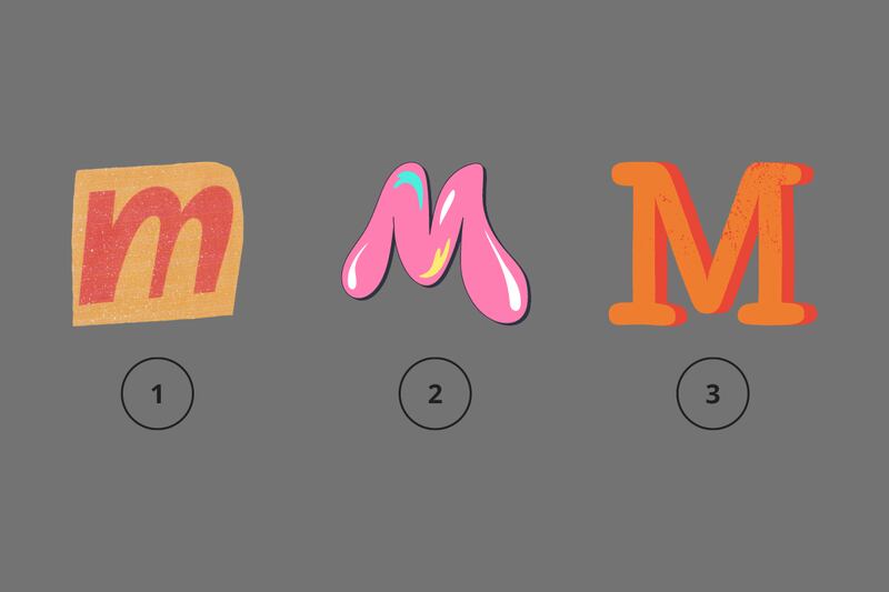 Tres alternativas en este test de personalidad: una m minúscula, una m rosada mayúscula, y una m mayúscula naranja más cuadrada.