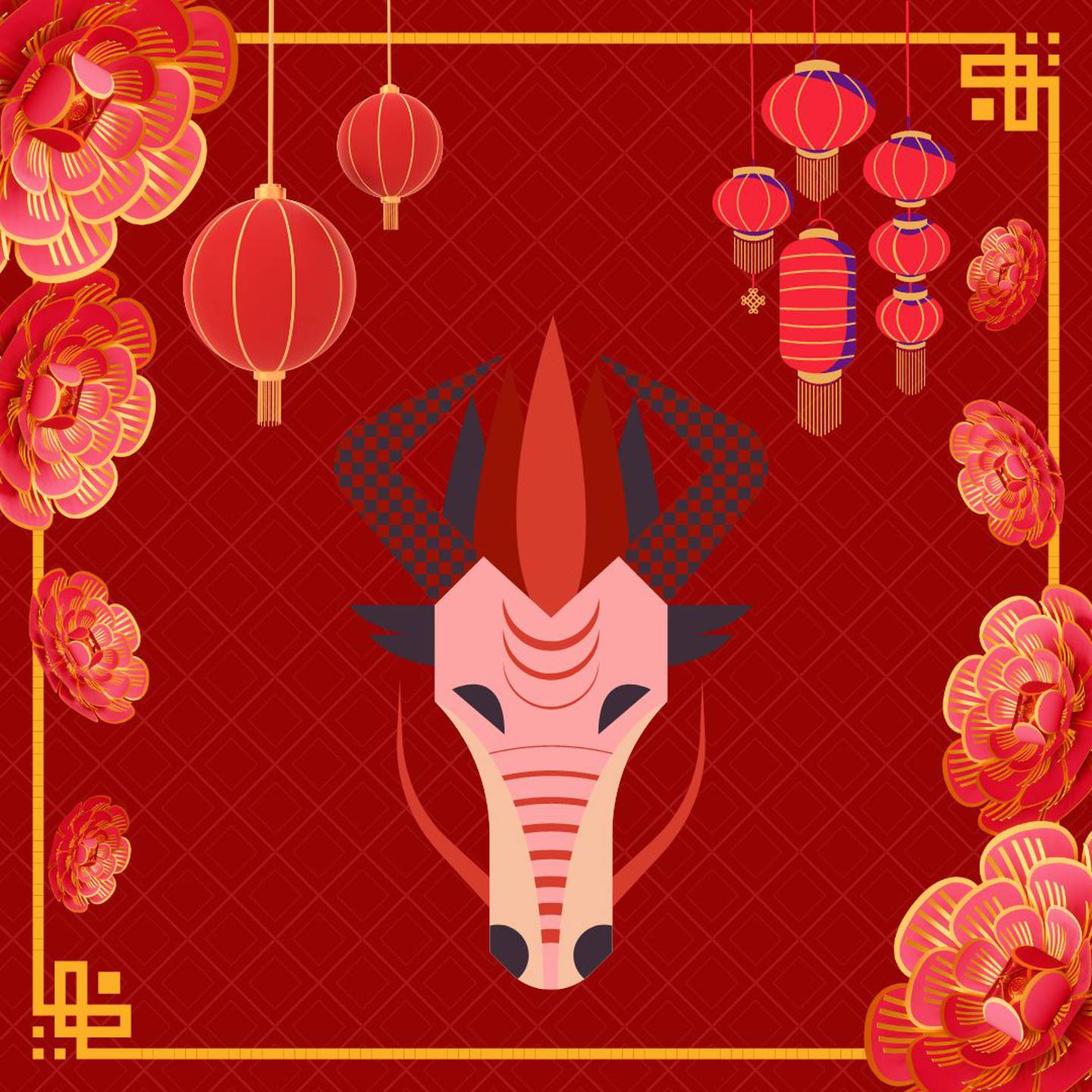 Caricatura de la cabeza de un dragón sobre un fondo rojo con motivos decorativos orientales