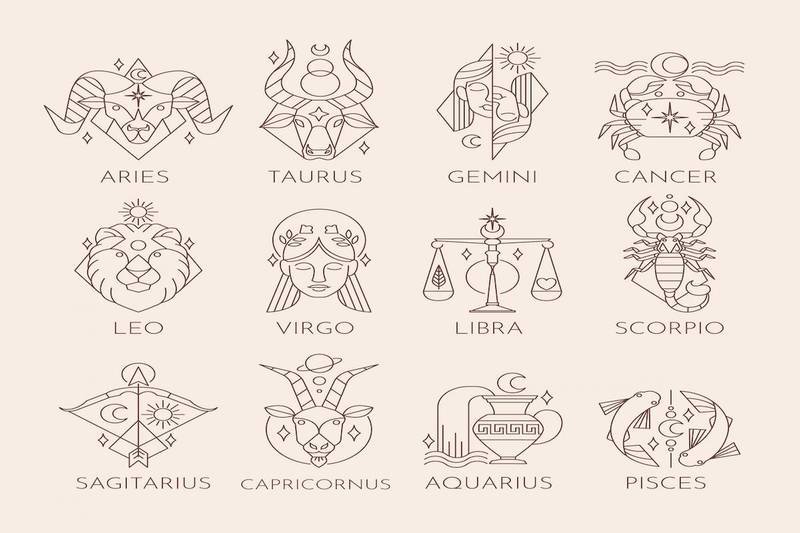 símbolos y nombres de los doce signos zodiacales, con un fondo rosado.