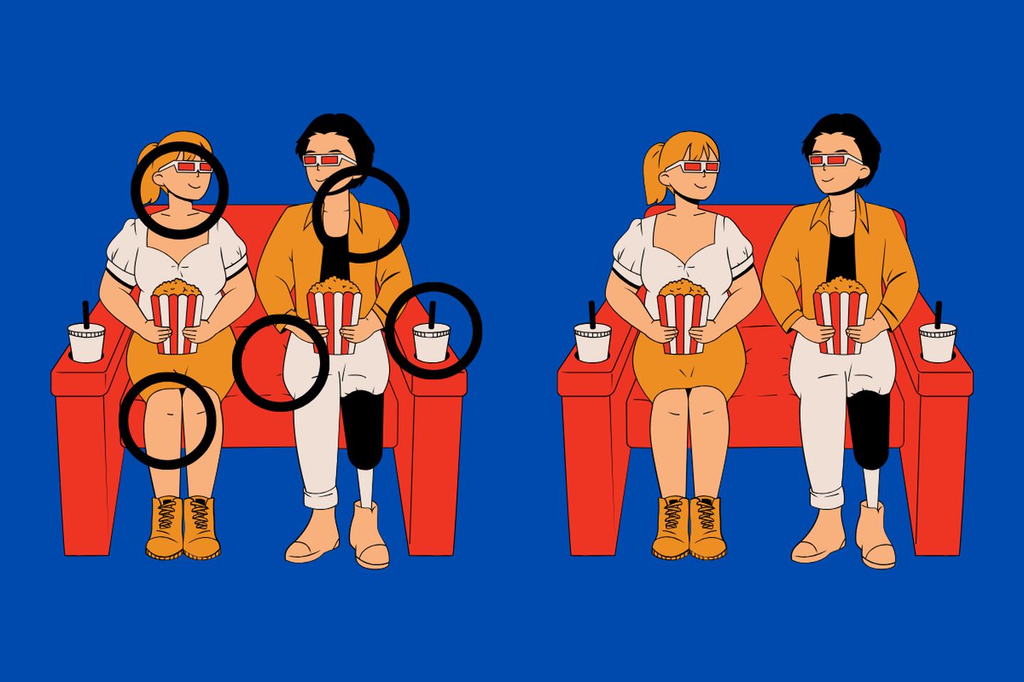 En este test visual hay dos imágenes de personas viendo una película, y aunque parecen ser las mismas, hay cinco diferencias entre ellas.