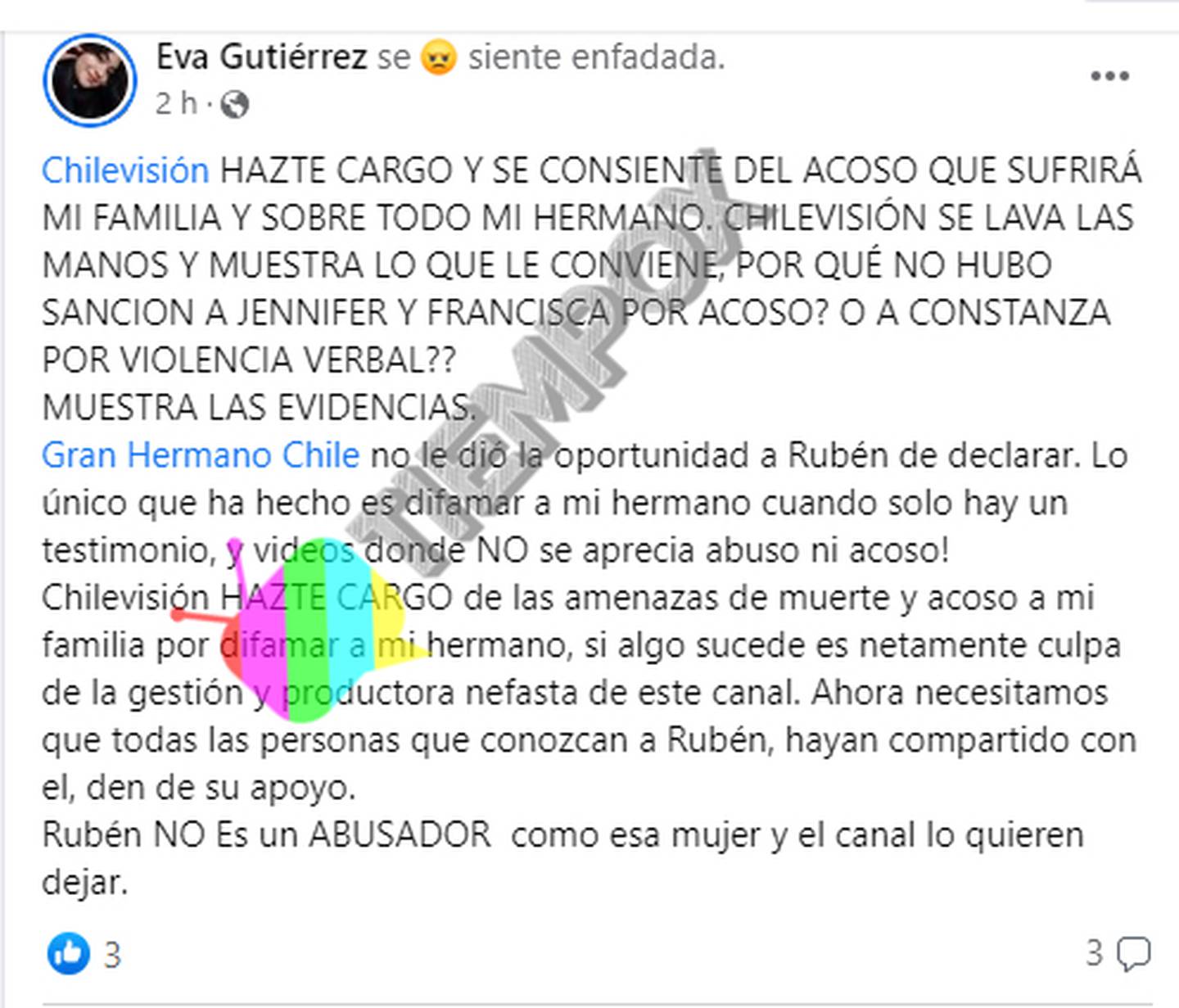 Hermana de Rubén Gutiérrez reclama contra “Gran Hermano” Chile por su expulsión del reality