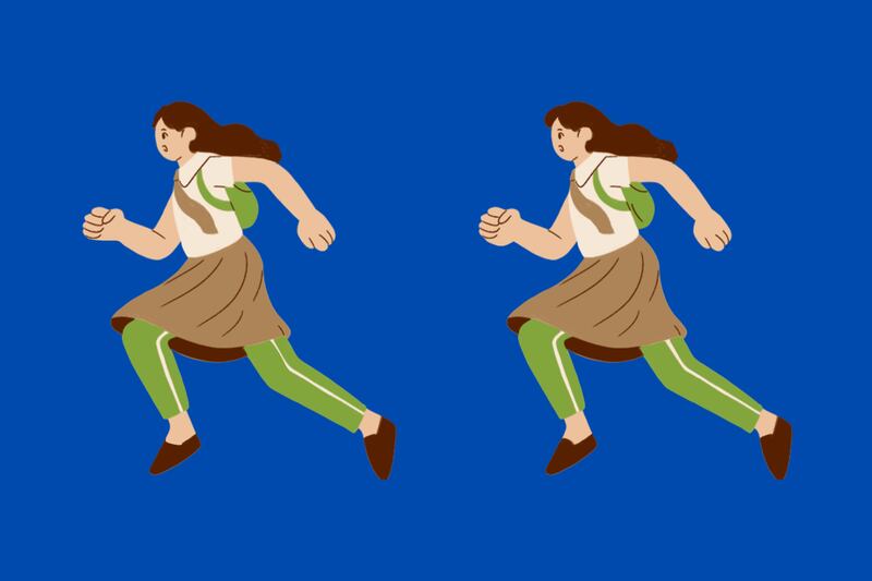 Dos mujeres corriendo. Parecen iguales, pero tienen cinco diferencias entre ellas.