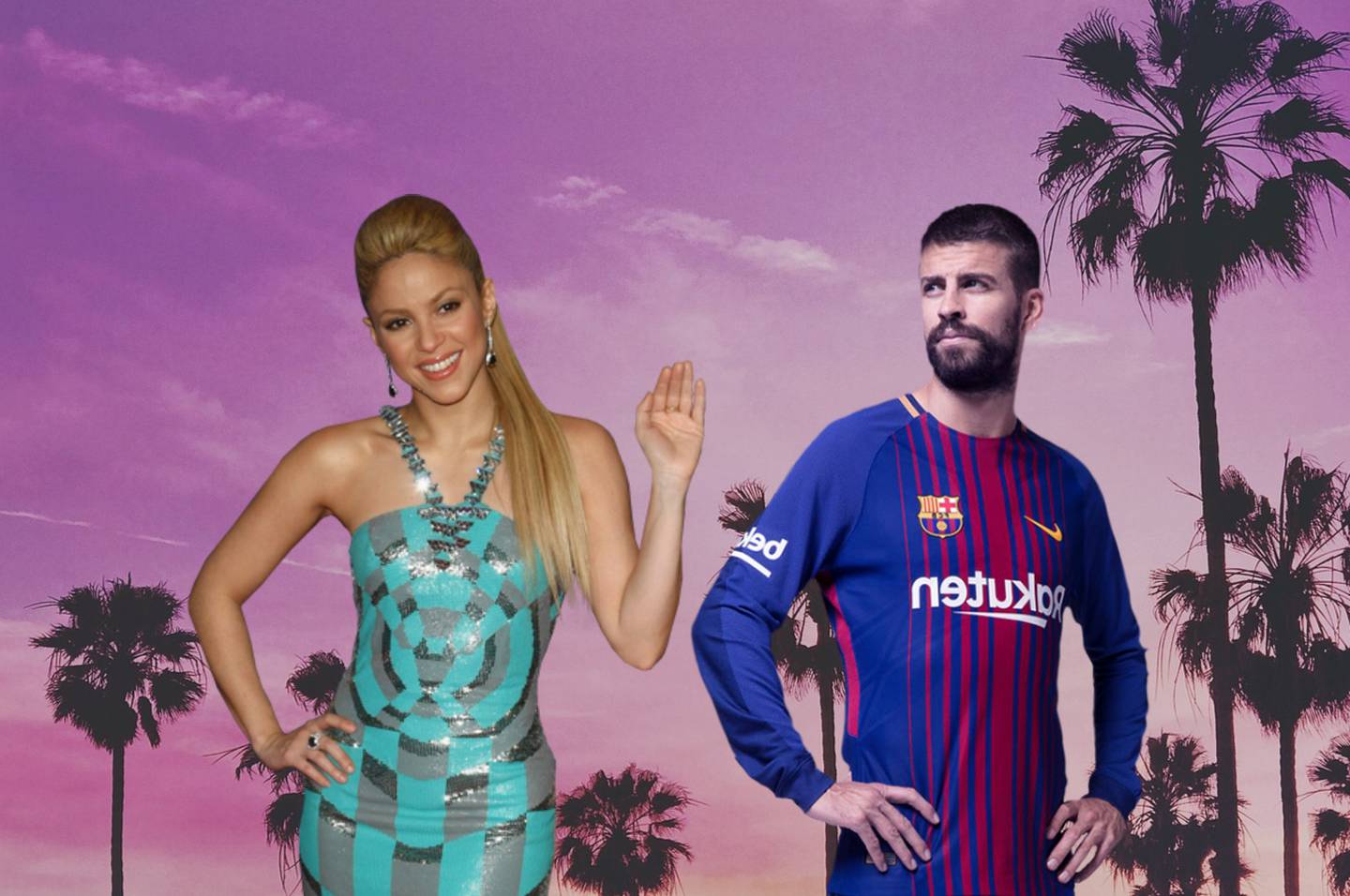 Collage con una imagen de Miami de fondo con Shakira despidiéndose de Gerard Piqué.