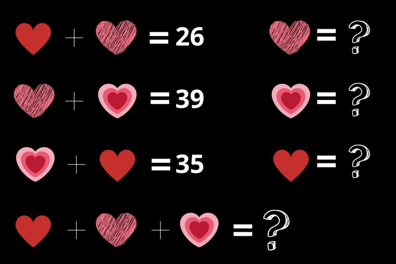 En este test visual hay varias sumas, con las que debes encontrar el valor de cada uno de los tres corazones presentes en la imagen.