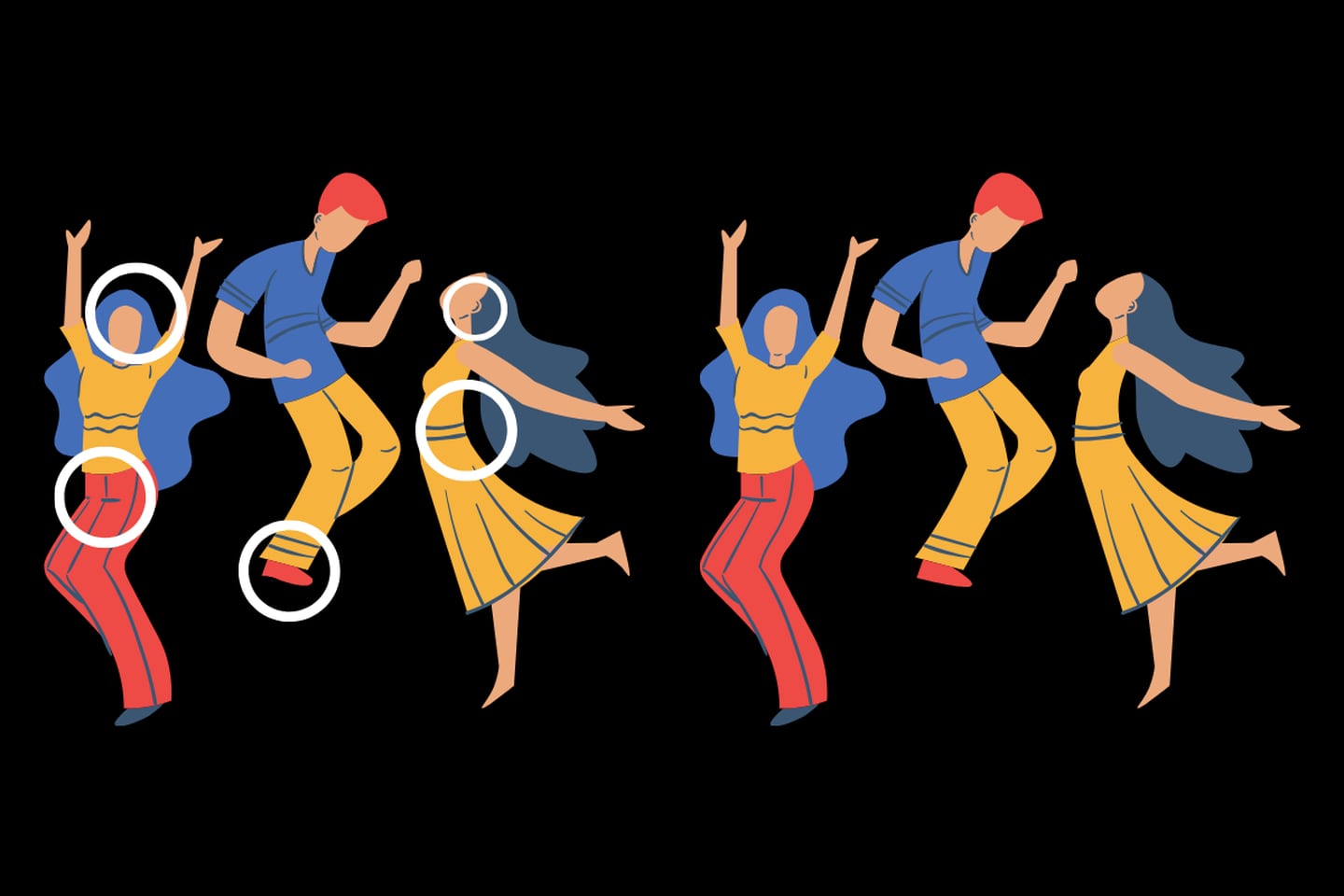 En este test visual hay dos grupos de baile que parecen iguales, pero tienen 5 diferencias.
