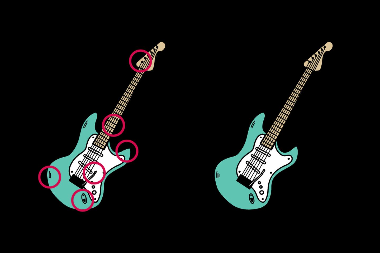 Dos guitarras eléctricas que parecen iguales, pero que tienen seis diferencias entre sí, que están señaladas con círculos rojos.