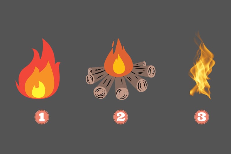 tres tipos de llamas en este test de personalidad: la primera muy ordenada, la segunda encima de madera como una fogata, y la tercera una llama más dispersa.