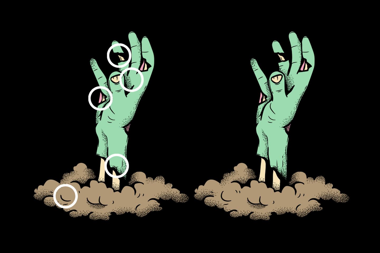 manos verdes saliendo de la tierra, con diferencias señaladas en círculo blanco.