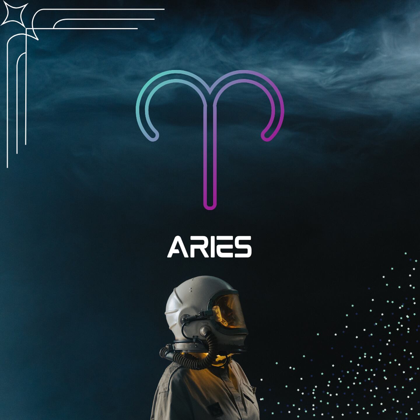 Sobre un fondo oscuro, con humo en la parte superior, aparece el símbolo de Aries. Al centro aparece el nombre del signo en color blanco y todavía más abajo, un astronauta está mirando hacia la derecha.