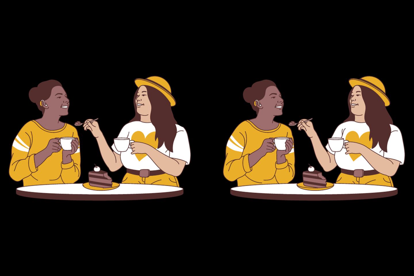 Dos ilustraciones que parecen iguales, en la que se ven dos amigas tomando café, pero tienen 5 diferencias.
