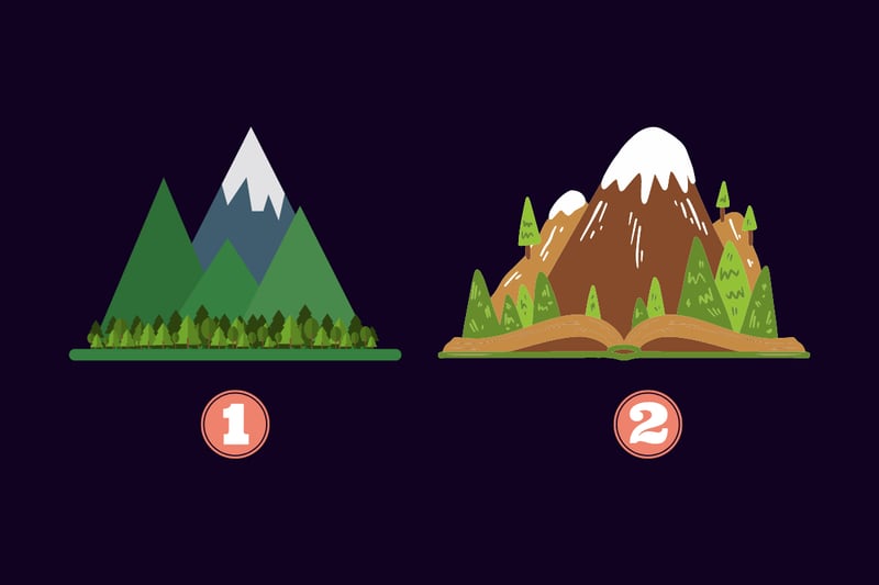 dos montañas, la primera puntiaguda y llena de árboles, mientras la segunda tiene curva y es más árida.