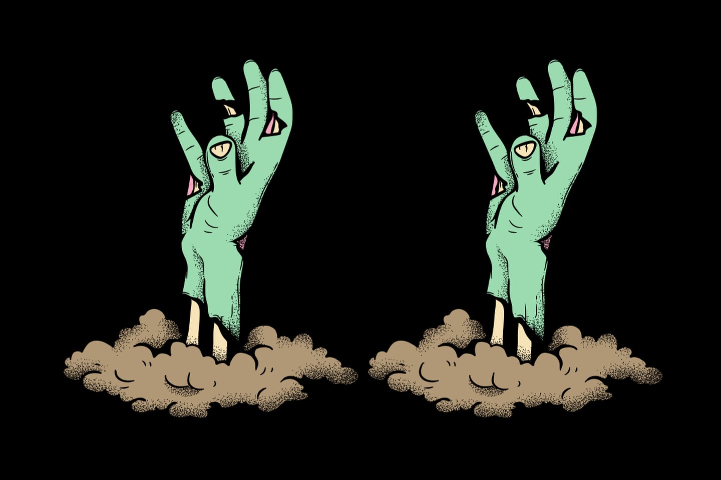 Dos manos verdes que salen de la tierra. Parecen iguales, pero tienen 5 diferencias entre ellas.