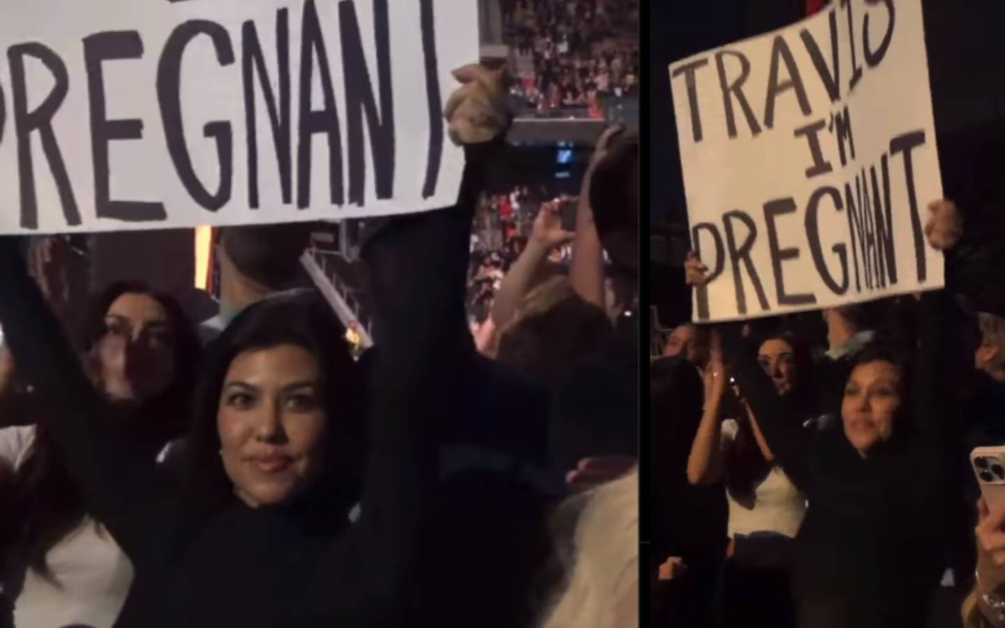 Kourtney Kardashian sosteniendo un cartel para Travis Barker en el que le anuncia su embarazo en medio de un recital de Bilnk-182