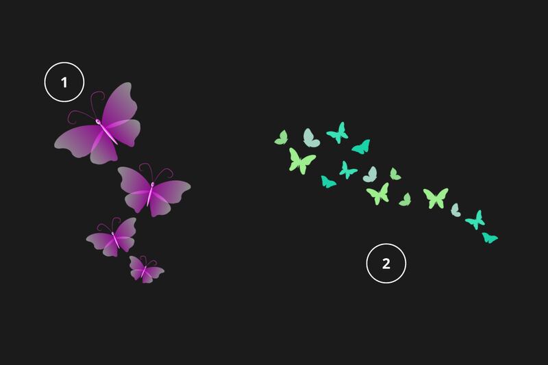 Dos alternativas en el test de personalidad: unas mariposas rosadas y otras mariposas verdes.