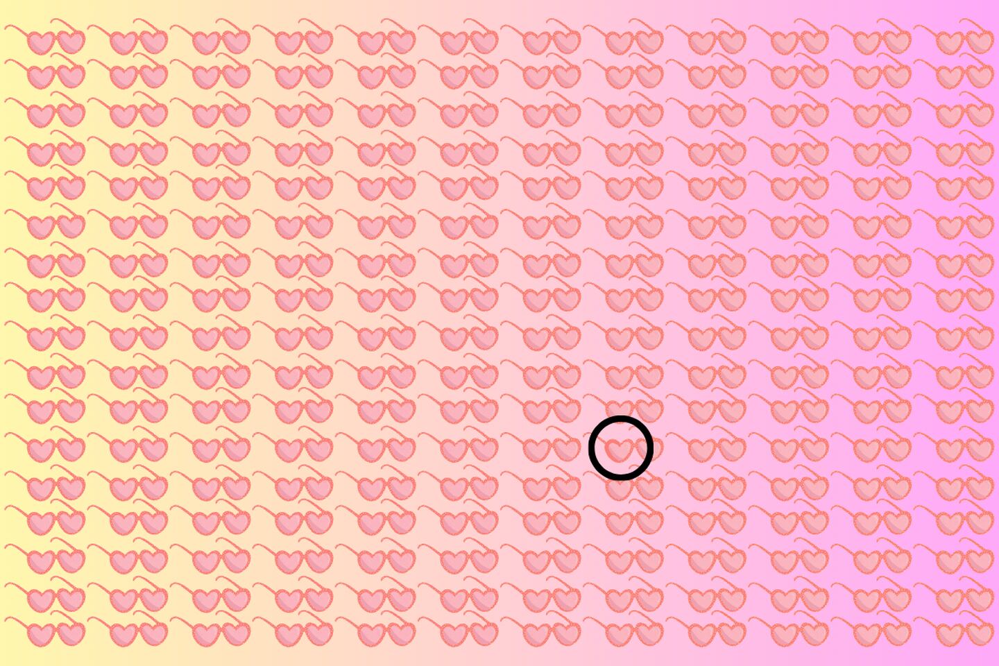 Muchos lentes con forma de corazón, y solo uno es diferente, y está señalado con un círculo negro.