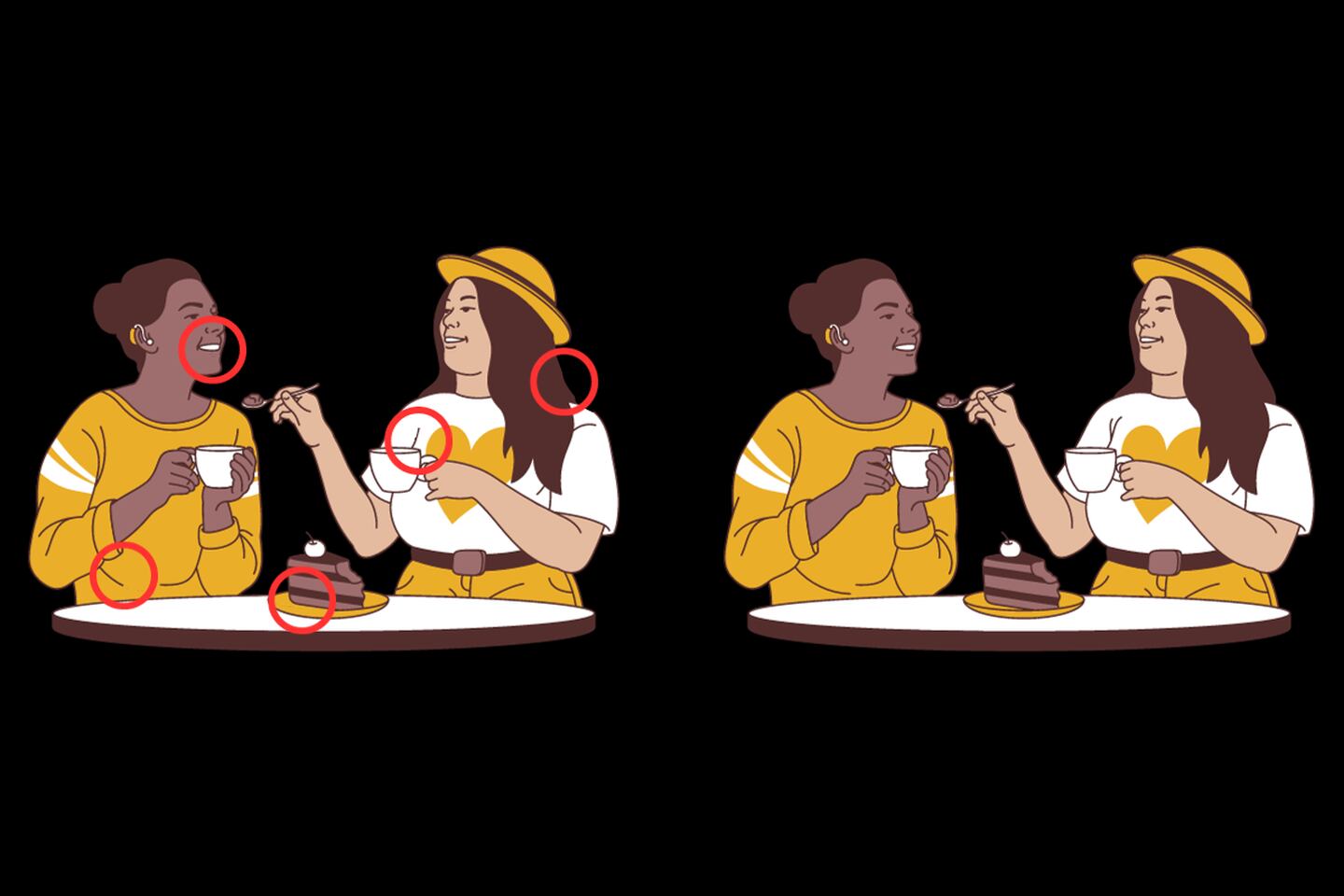 Dos ilustraciones que parecen iguales, en la que se ven dos amigas tomando café, pero tienen 5 diferencias, que están señaladas por círculos rojos.