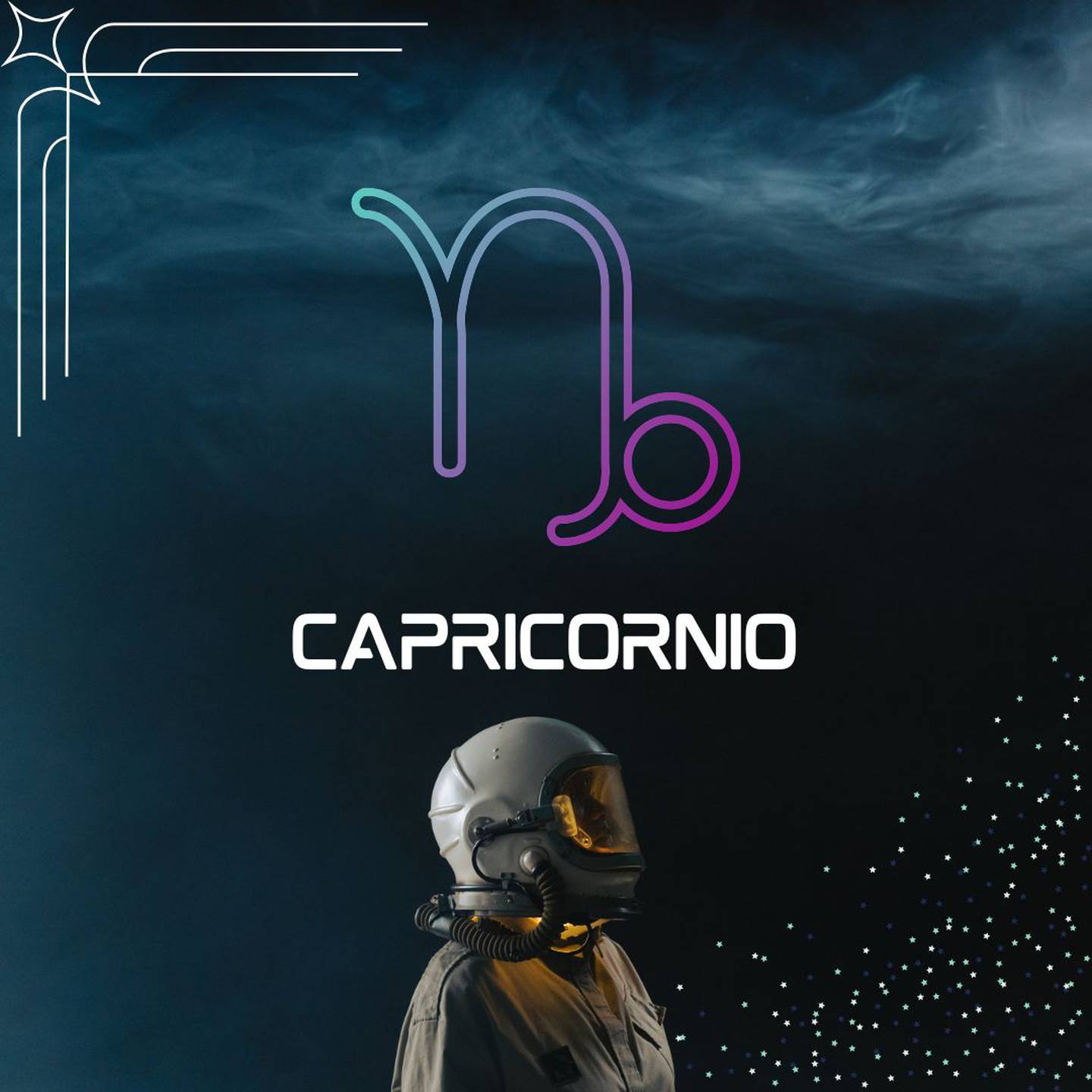 Sobre un fondo oscuro, con humo en la parte superior, aparece el símbolo de Capricornio. Al centro aparece el nombre del signo en color blanco y todavía más abajo, un astronauta está mirando hacia la derecha.