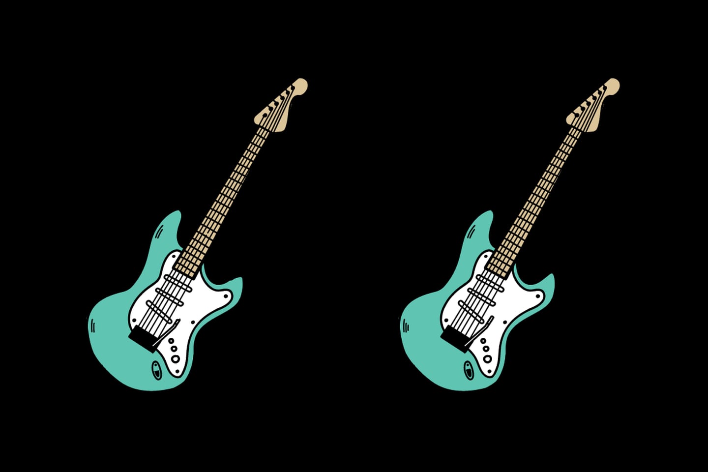 Dos guitarras eléctricas que parecen iguales, pero que tienen seis diferencias entre sí.