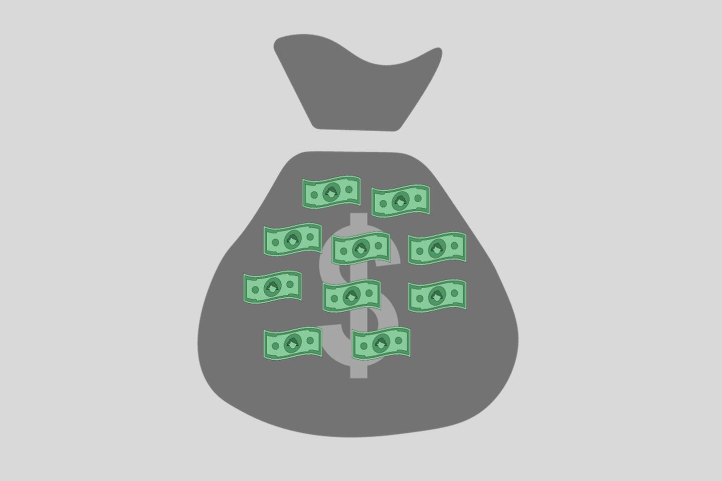 Dibujo de una bolsa verde de dinero, que está sobre un fondo gris.  También se ven diez billetes verdes, encima de la bolsa.