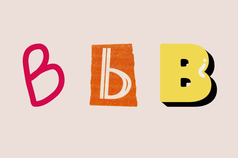 Tres letras: una B mayúscula rosada; una b minúscula; y una B mayúscula gruesa amarilla.