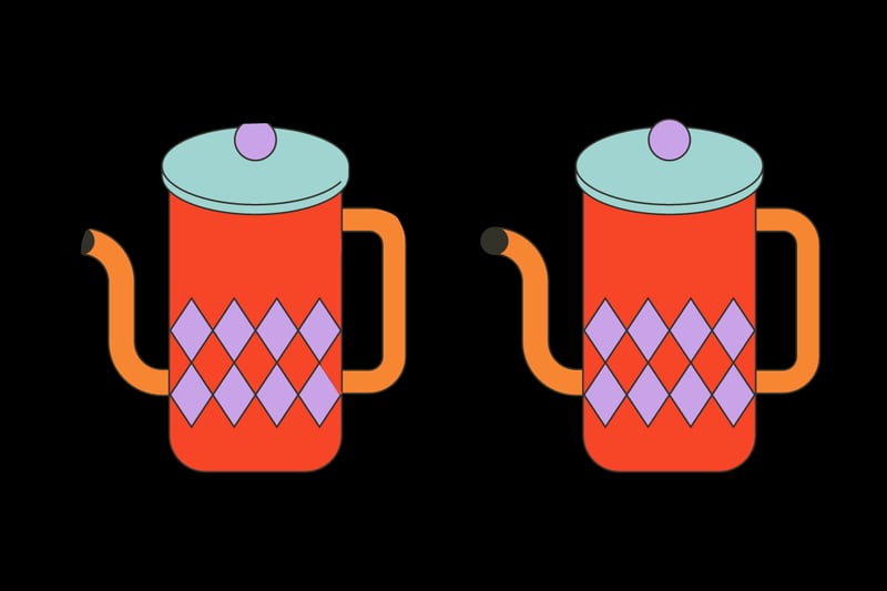 Dos jarras de colores que parecen iguales, pero tienen 5 diferencias entre ellas.