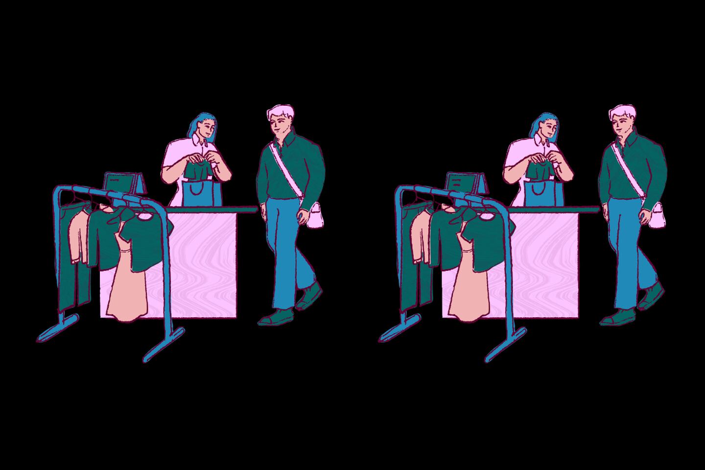 En este test visual hay dos imágenes donde hay una mujer y un hombre en una tienda de ropa. Estas escenas parecen iguales, pero tienen cinco diferencias entre ellas.