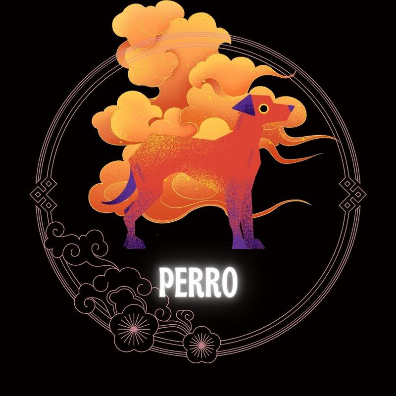 Caricatura de un perro sobre un fondo negro, con motivos decorativos orientales dorados con forma de nube y círculo, que enmarcan el signo. Abajo del dibujo aparece la palabra perro.