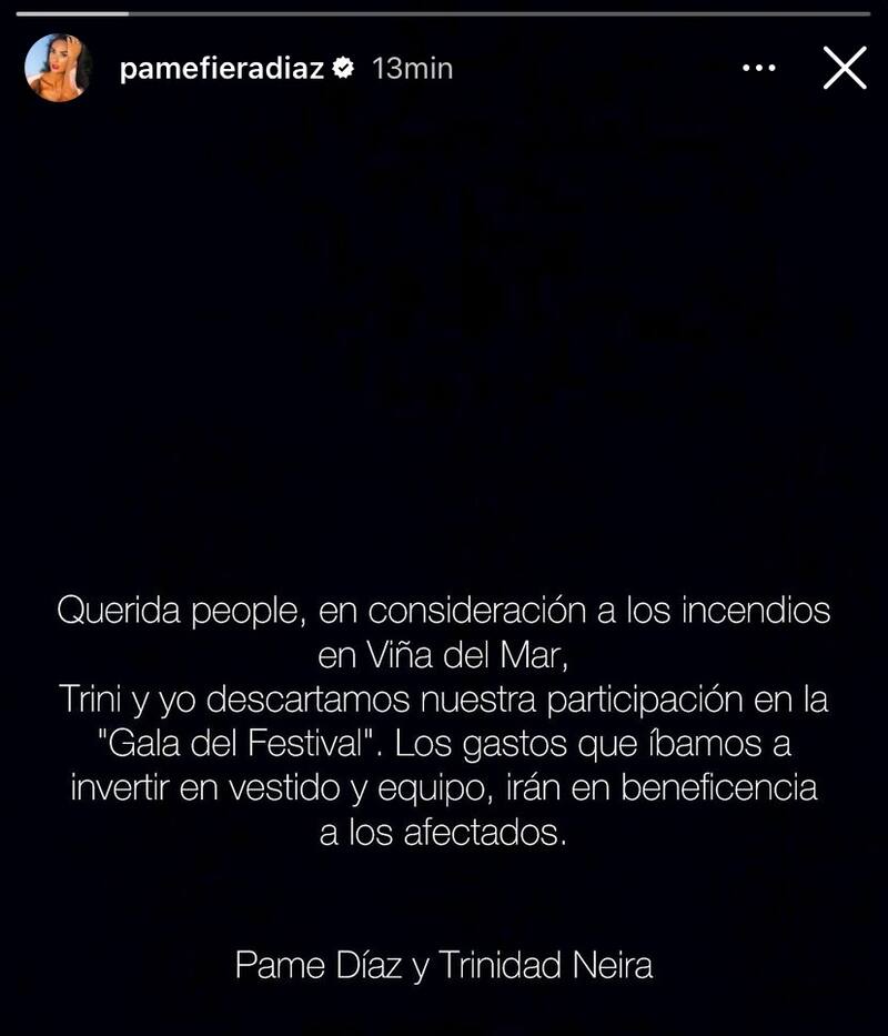 Pamela Díaz canceló su participación en la Gala de Viña 2024 junto a Trinidad Neira.