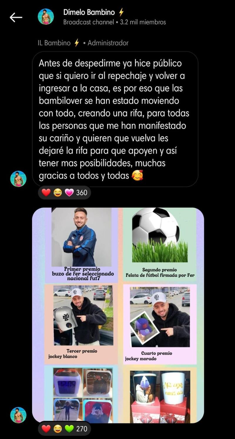 Fernando Altamirano, "Bambino" comparte rifa para volver al repechaje de "Gran Hermano" Chile en Instagram.