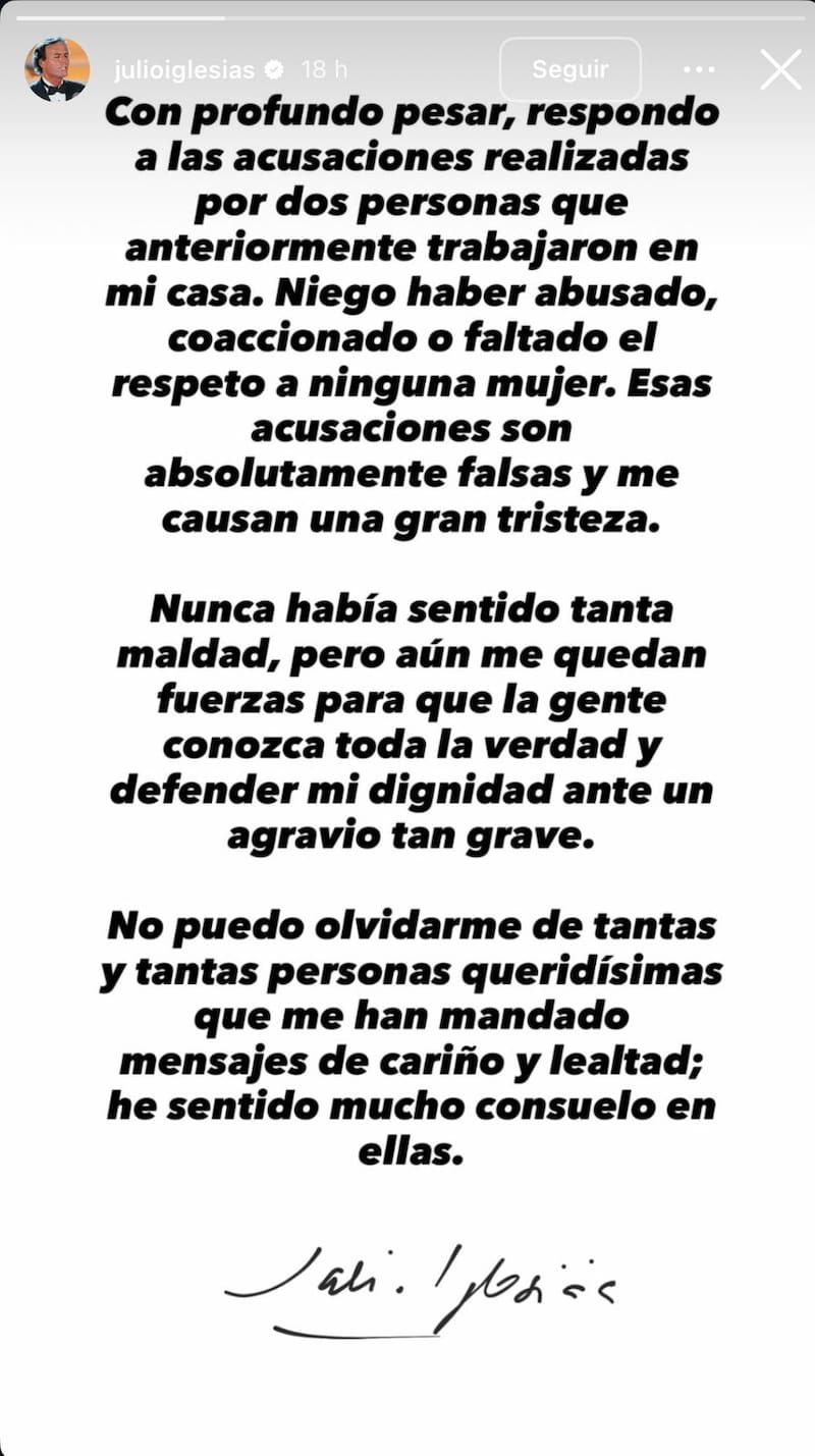 La historia de Instagram que subió el artista tras acusaciones.
Foto: Instagram @julioiglesias