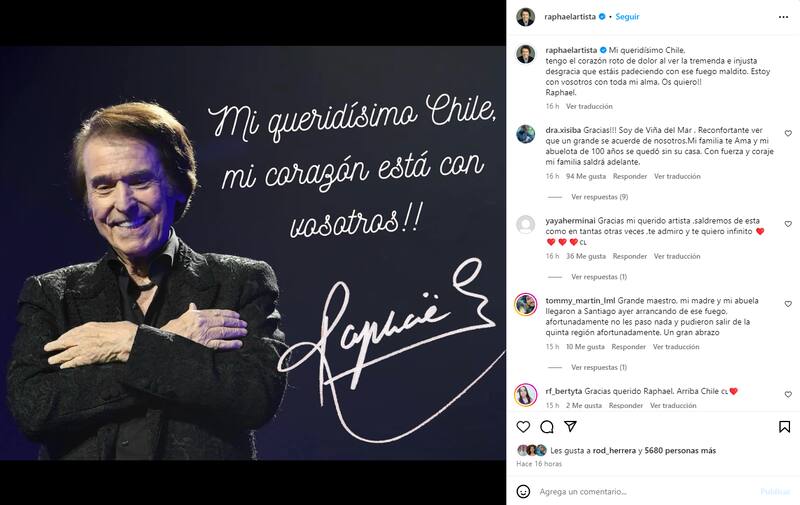 Raphael deja palabras de apoyo a Chile.