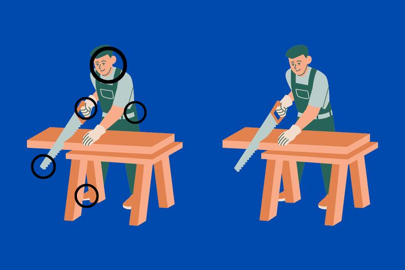En este test visual se ven dos ilustraciones que parecen iguales, donde hay un hombre aserruchando madera en una mesa.