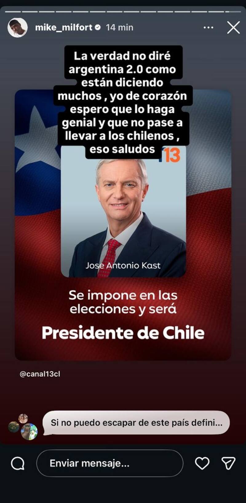 Posteo del exMundos Opuestos, Mike Milfort