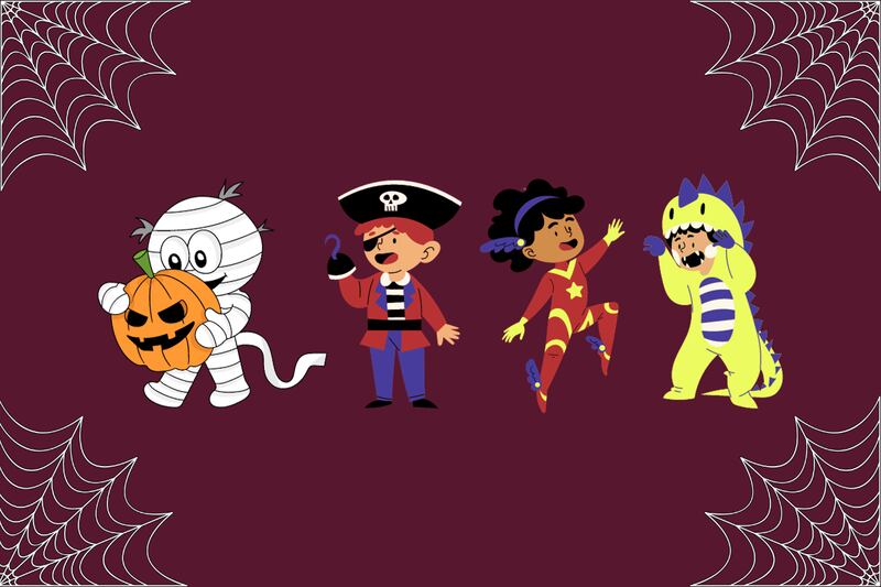 En este test visual se ve una escena de Halloween, donde sobre un fondo de color vino hay telas de araña y 4 personas disfrazadas. Una tiene un dulce escondido.