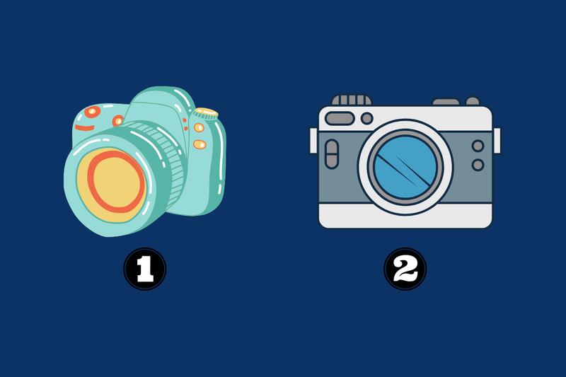 Dos alternativas en este test de personalidad: una cámara con un lente grande, y una cámara digital más antigua y básica.