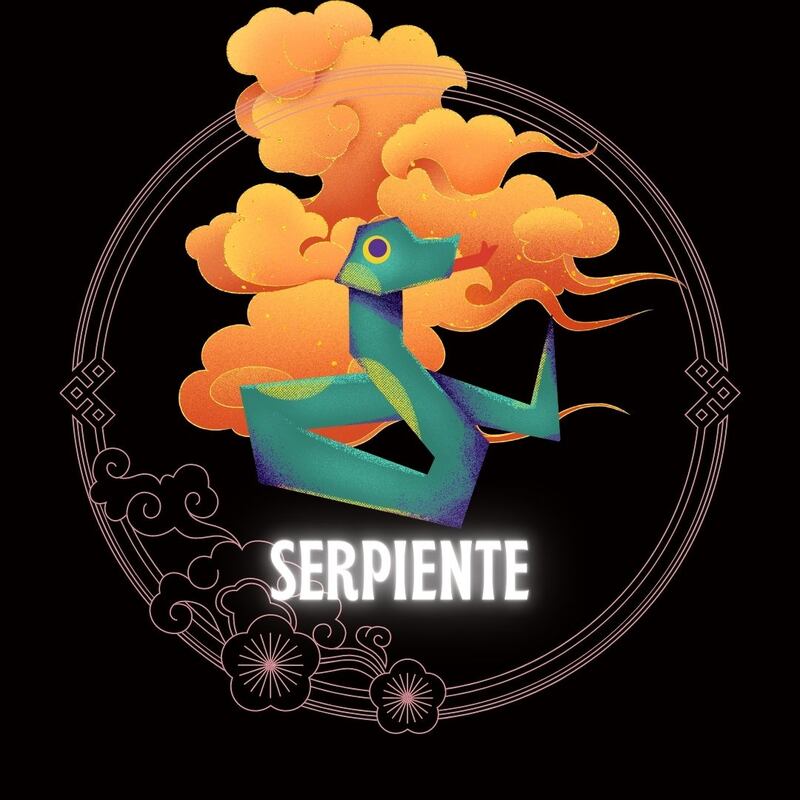 Caricatura de una serpiente sobre un fondo negro, con motivos decorativos orientales dorados con forma de nube y círculo, que enmarcan el signo. Abajo del dibujo aparece la palabra serpiente