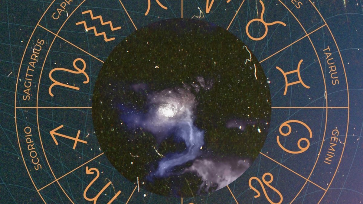 Rueda con los 12 nombres y símbolos de los signos del zodiaco. En el centro, una escena de una galaxia, en el espacio exterior.
