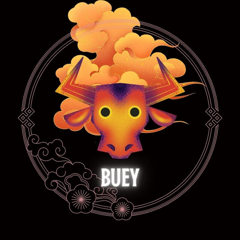 Caricatura de la cara de un Buey sobre un fondo negro azulado, enmarcado en un círculo con flores. Atrás del animal se ven nubes doradas como adornos orientales.