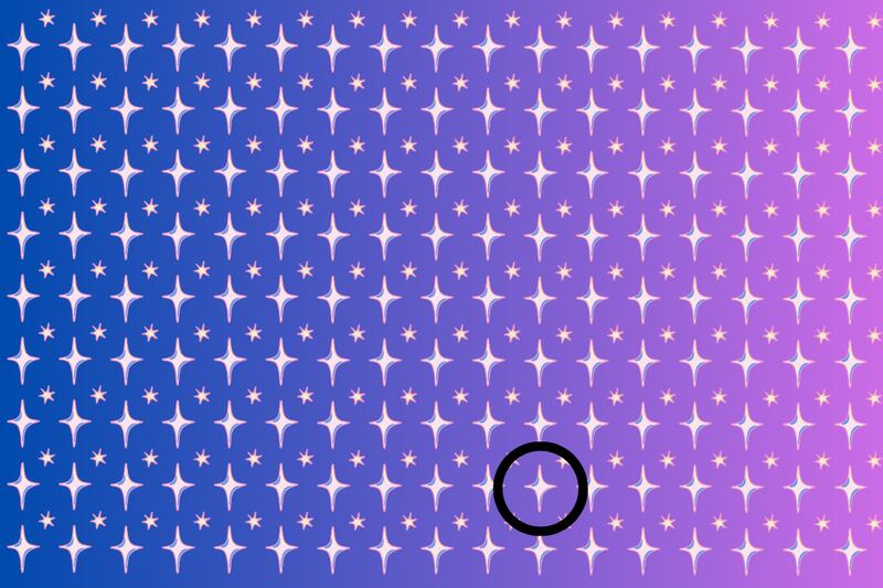 Muchas estrellas sobre un fondo morado. Todas son iguales, pero una tiene una pequeña diferencia y está señalada con círculo negro.