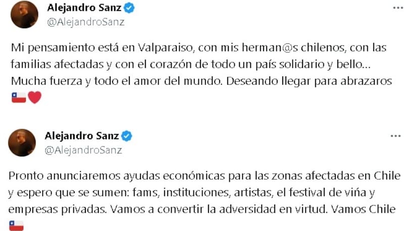 El mensaje de Alejandro Sanz para Chile. Créditos: X