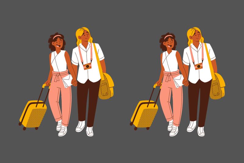 Dos dibujos de pareja de viaje que parecen iguales, pero tienen sutiles diferencias entre sí.