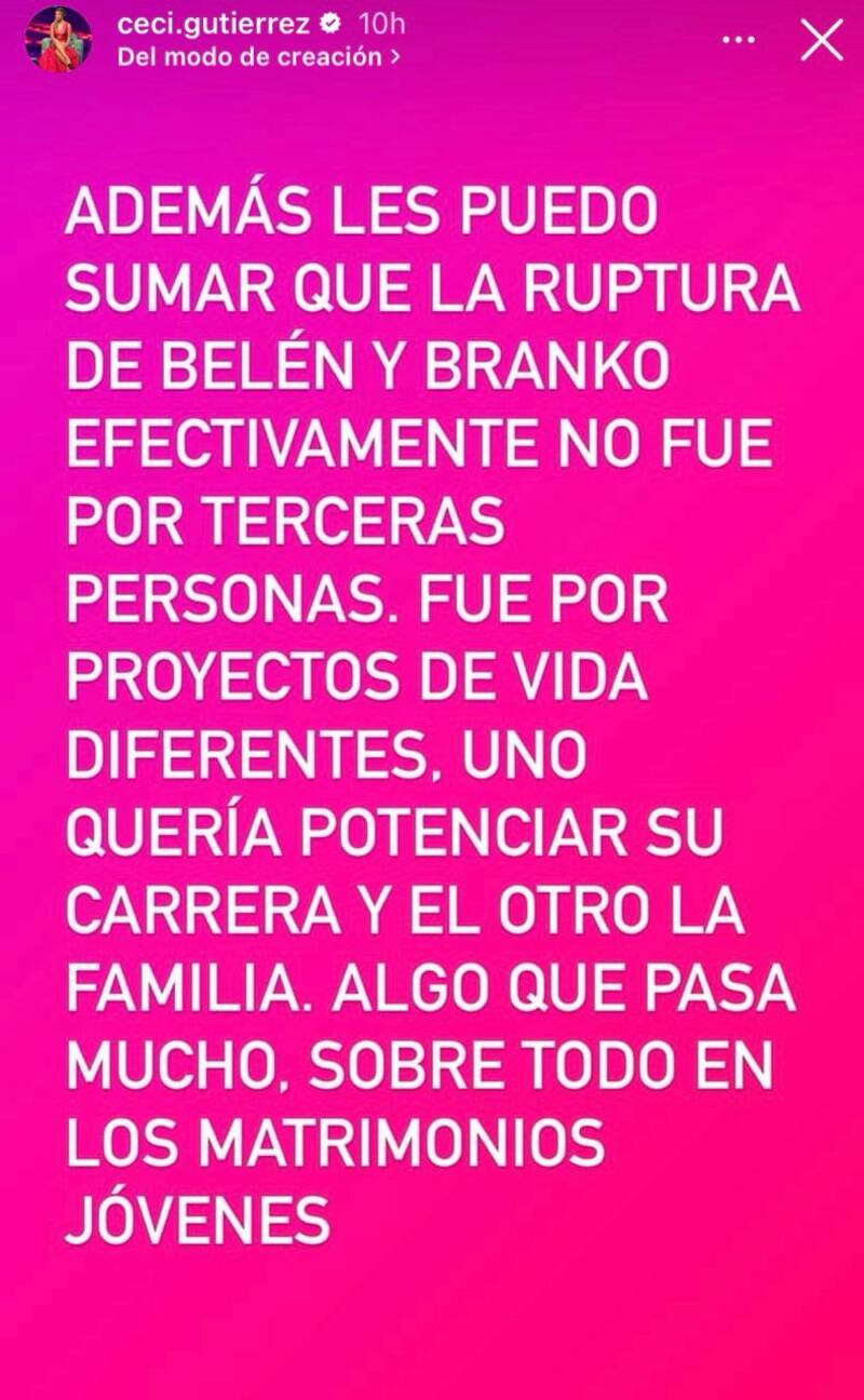 Cecilia Gutiérrez revela los motivos del quiebre entre Belén Soto y Branko Bacovich.