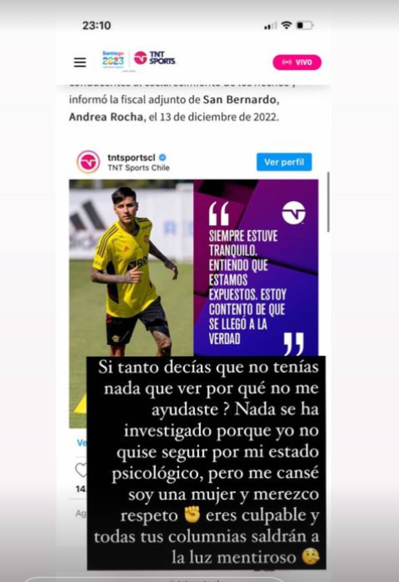 Pantallazo de mujer denunciante de haber sido violada en casa de Erick Pulgar.