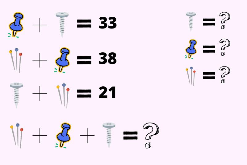 test visual que busca que se encuentre un resultado incógnito de las sumas, con objetos en vez de números.
