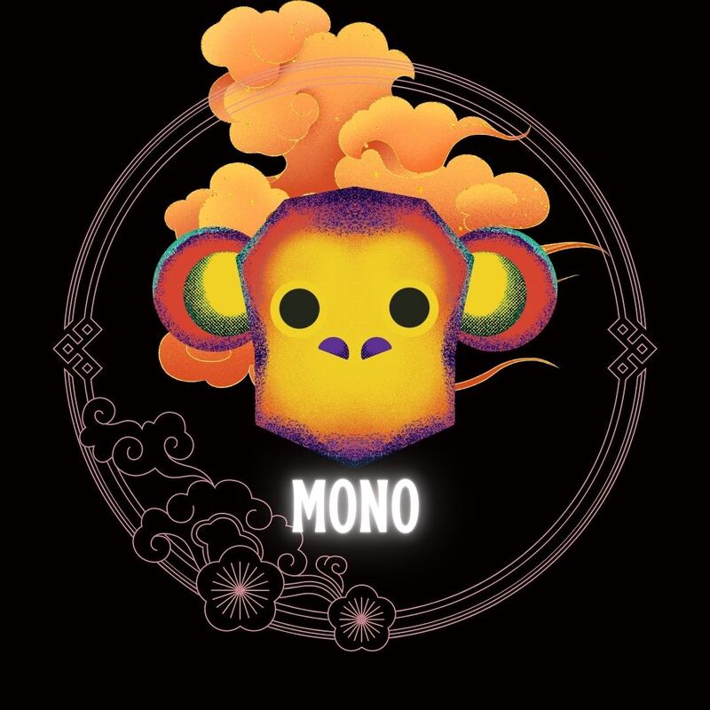 Caricatura de la cara de un Mono sobre un fondo negro azulado, enmarcado en un círculo con flores. Atrás del animal se ven nubes doradas como adornos orientales.